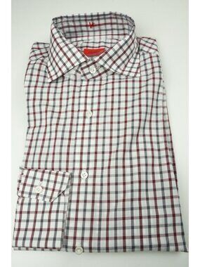 Isaia Burgundy Gray White Plaid Long Sleeve Cotton Dress Shirt 15.5/39 NEW